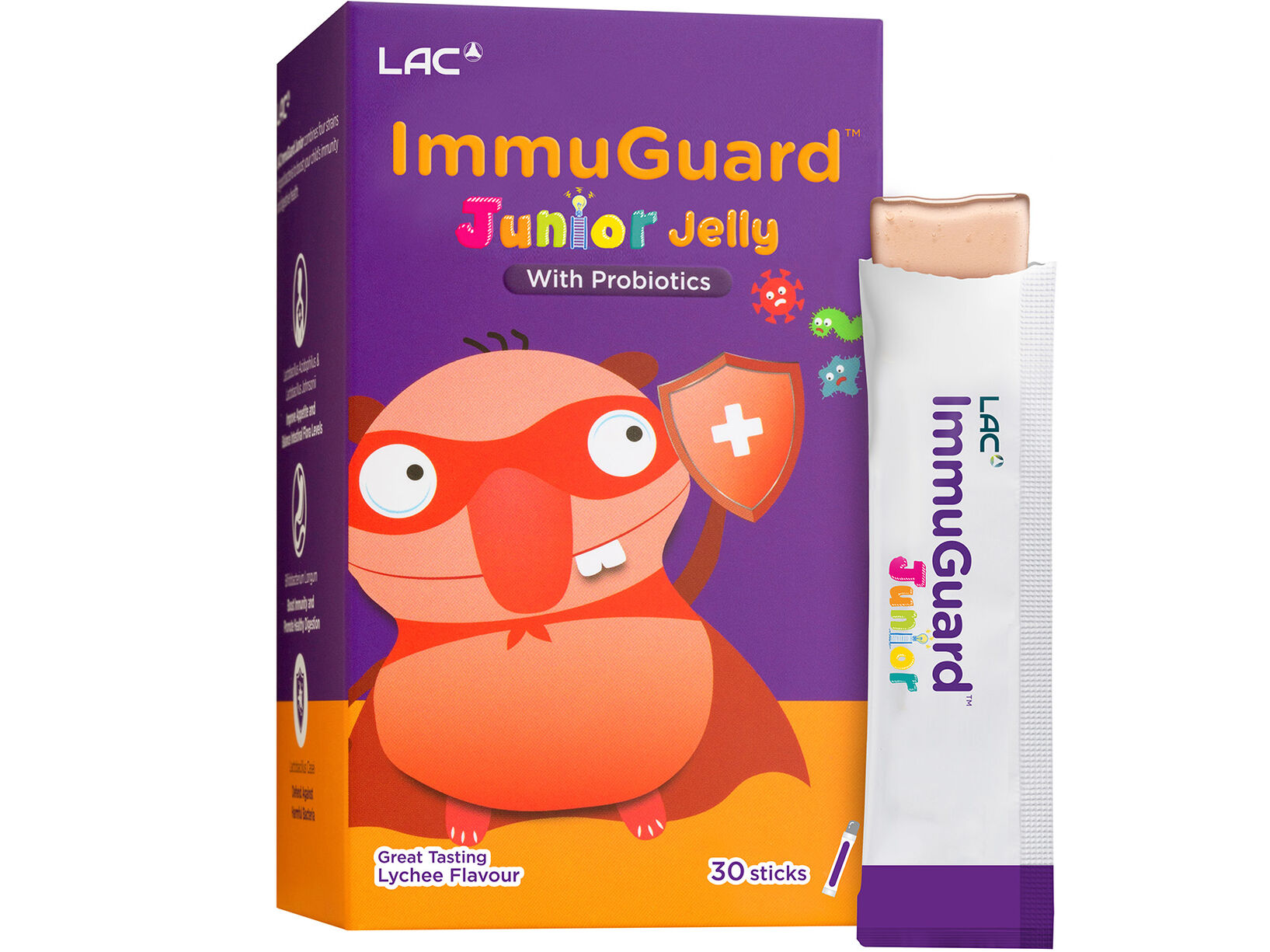 01403040_lac_immuguard-junior_30-sticks_sg_box_front-left-with-sachet-and-jelly_india_25.07.03 LAC Junior ImmuGuard™ Junior - Complete Immune and Digestive Support (15g x 30 jelly sticks) - Image 1