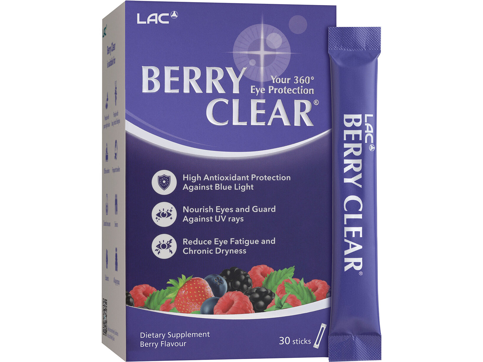 01403650_lac_berry-clear-powder_30-sticks_box_front-left-with-sachet-on-right_india_1638x1227 LAC Eyes Berry Clear® - 360° Eye Protection (2g x 30 powder sticks) (No Sweetner) - Image 1