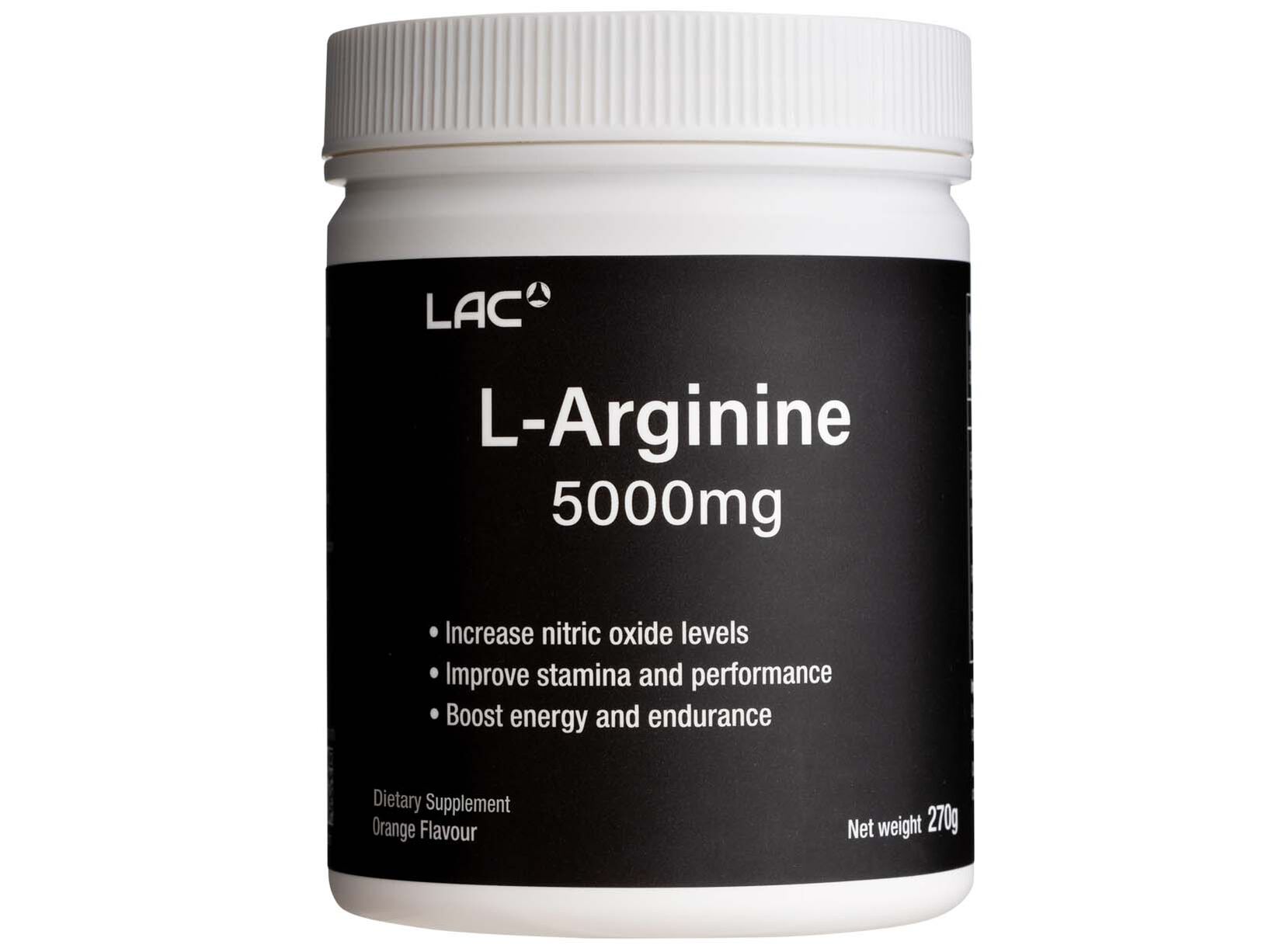 01406230_LAC_L-Arginine_5000mg_Front_india LAC Men's L-Arginine 5000mg Orange Flavour (270g) - Image 1