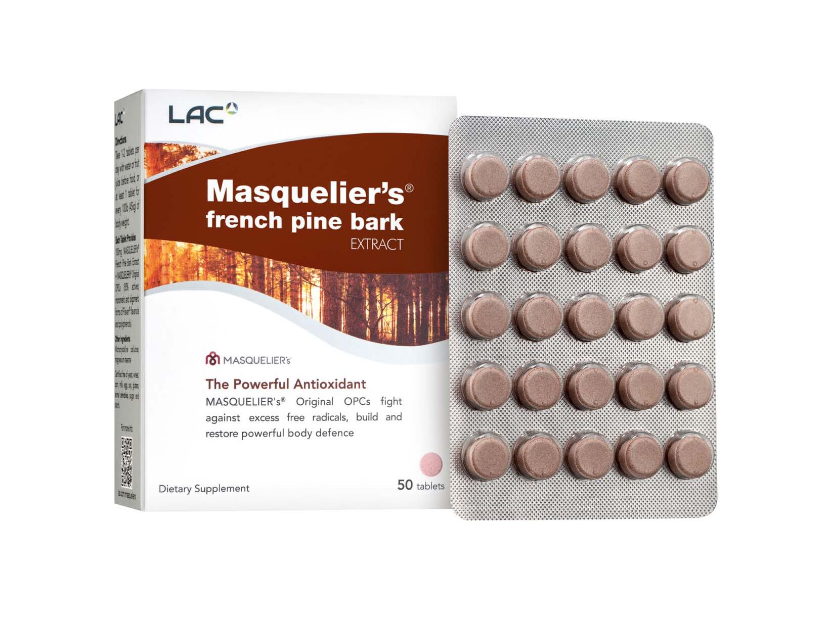 01400030_new_lac_masq-fpb_50-tablets_box_sg_new_front-right-with-blister-on-left_low-res_23.05.30 LAC MASQUELIER's® French Pine Bark Extract 100mg 50tabs - Image 1