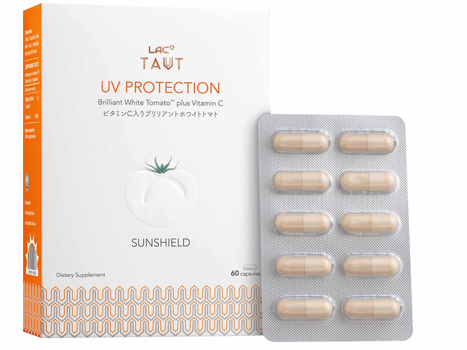 01403950_LAC_TautSunshieldUVProtection_60Capsules_1 (1) LAC Taut® Sunshield Brilliant White Tomato™ plus Vitamin C (60 capsules) - Image 1