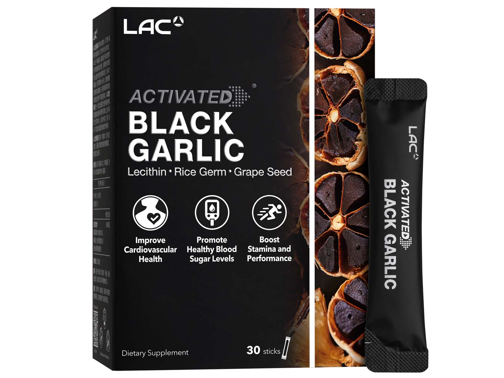 01405890_LACActivatedBlackGarlic_30Sticks_Front_Web_1635x1227 LAC ACTIVATED® Black Garlic - 10x More Natural S-allyl Cysteine (2g x 30 powder sticks) - Image 1